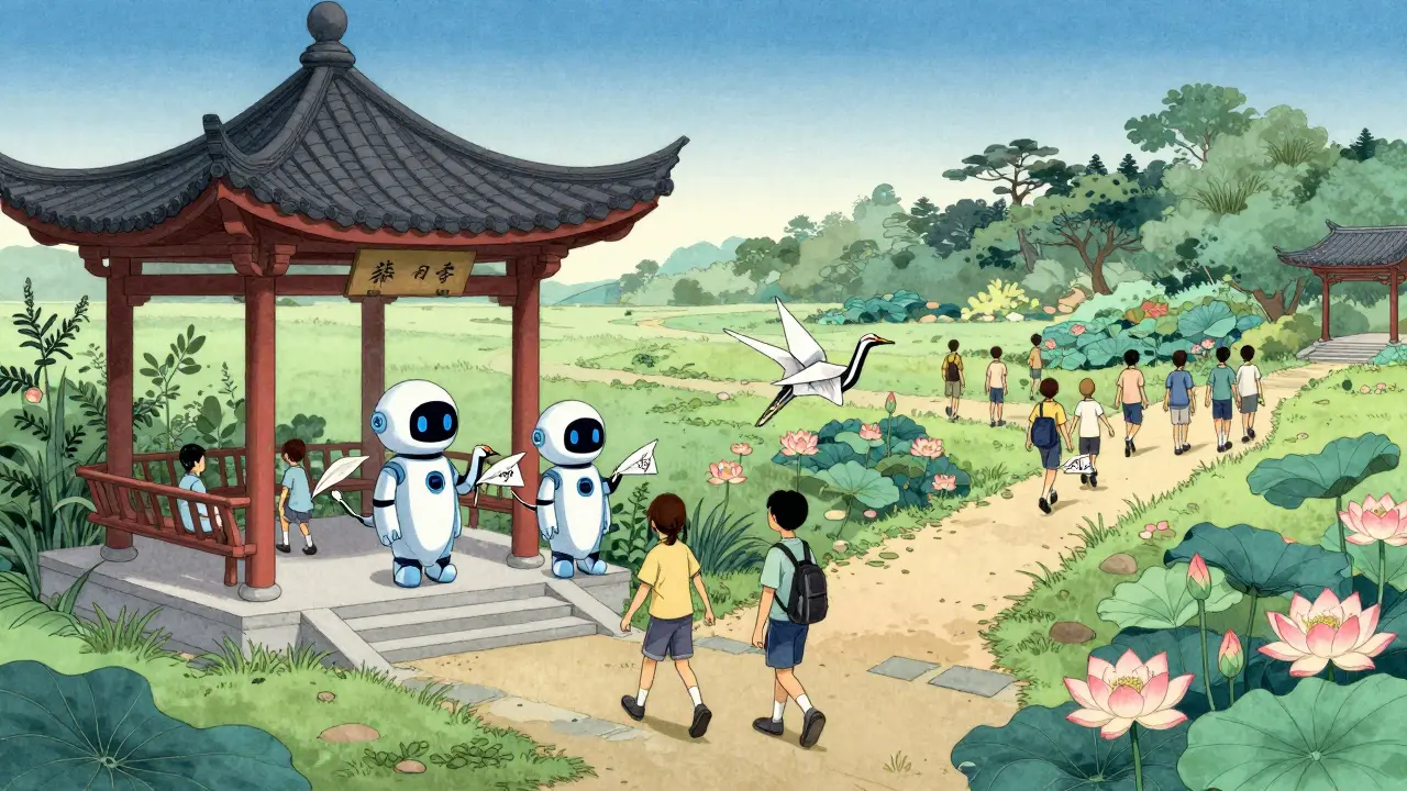 Бумажные журавли-чат-боты мягко напоминают студентам продолжать обучение в традиционном японском павильоне.