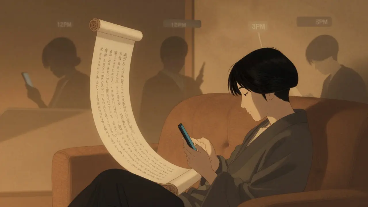 Человек читает длинный гайд в Telegram вечером, рядом — тени других, публикующих в другое время.