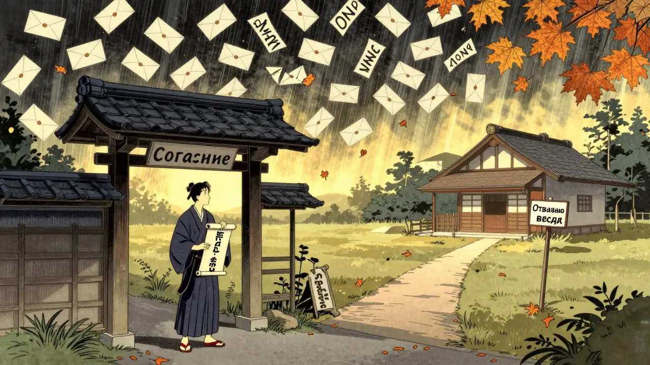 Фигура у ворот 'Согласие', спам превращается в листья, путь ведёт к дому 'Отвечаю всегда', в укиё-э стиле.
