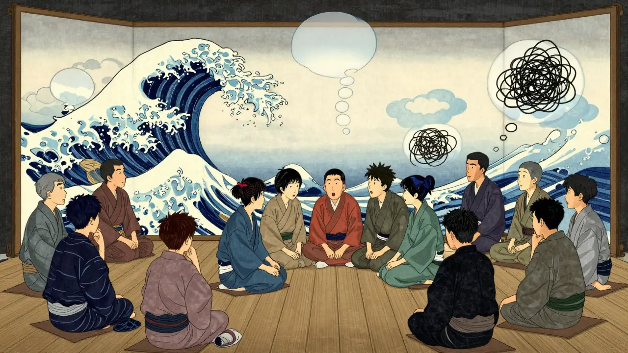 Группа студентов в центре обсуждает, остальные наблюдают в тишине, мысленные облака показывают анализ.