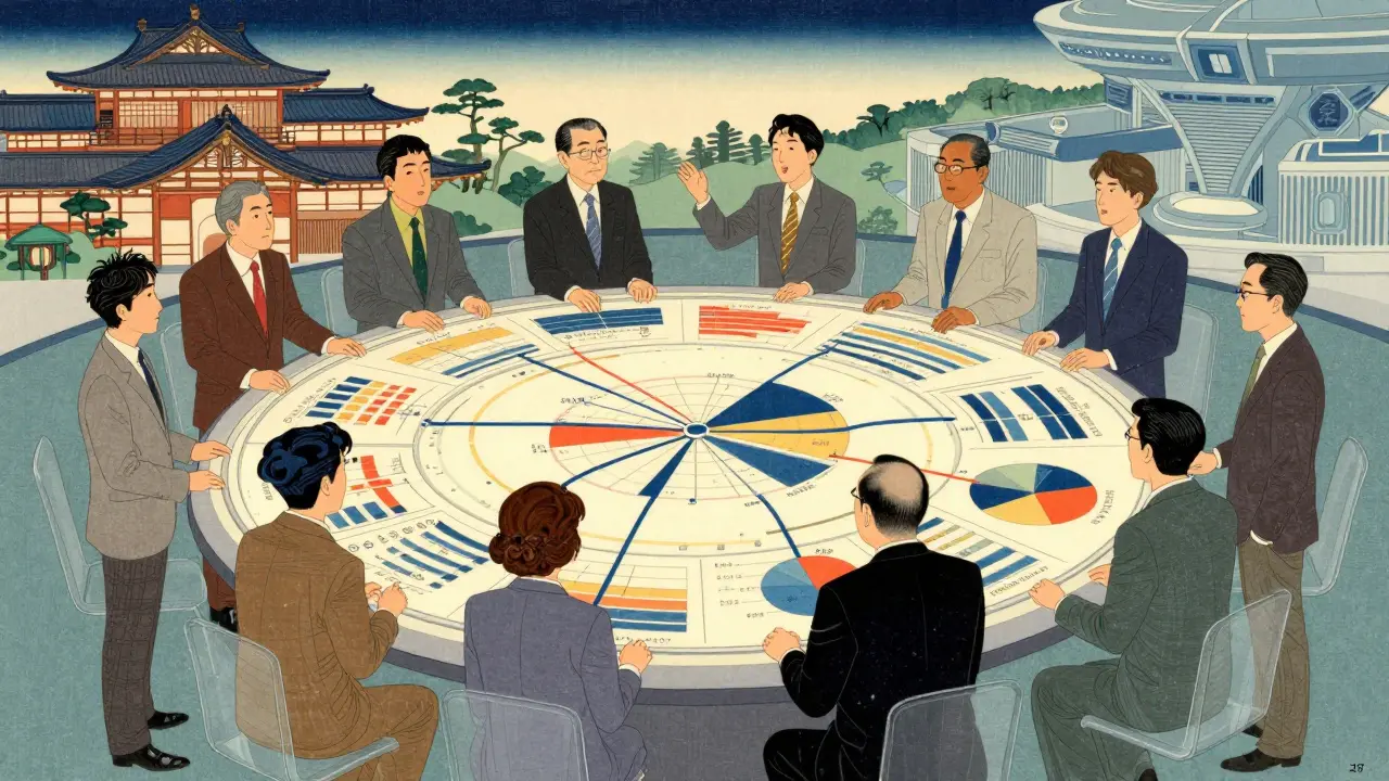 Команда анализирует данные проекта за общим столом.