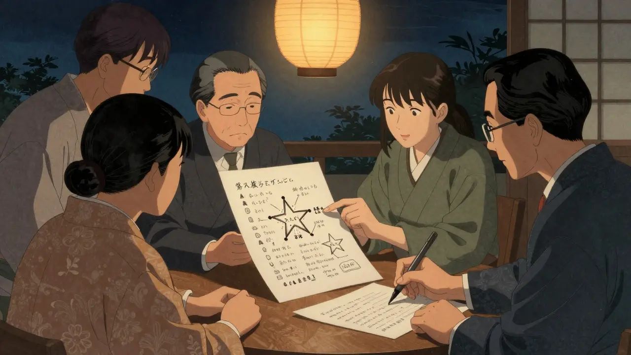 Команда преподавателей анализирует кейс на деревянном столе под фонарями, используя метод STAR на бумаге.