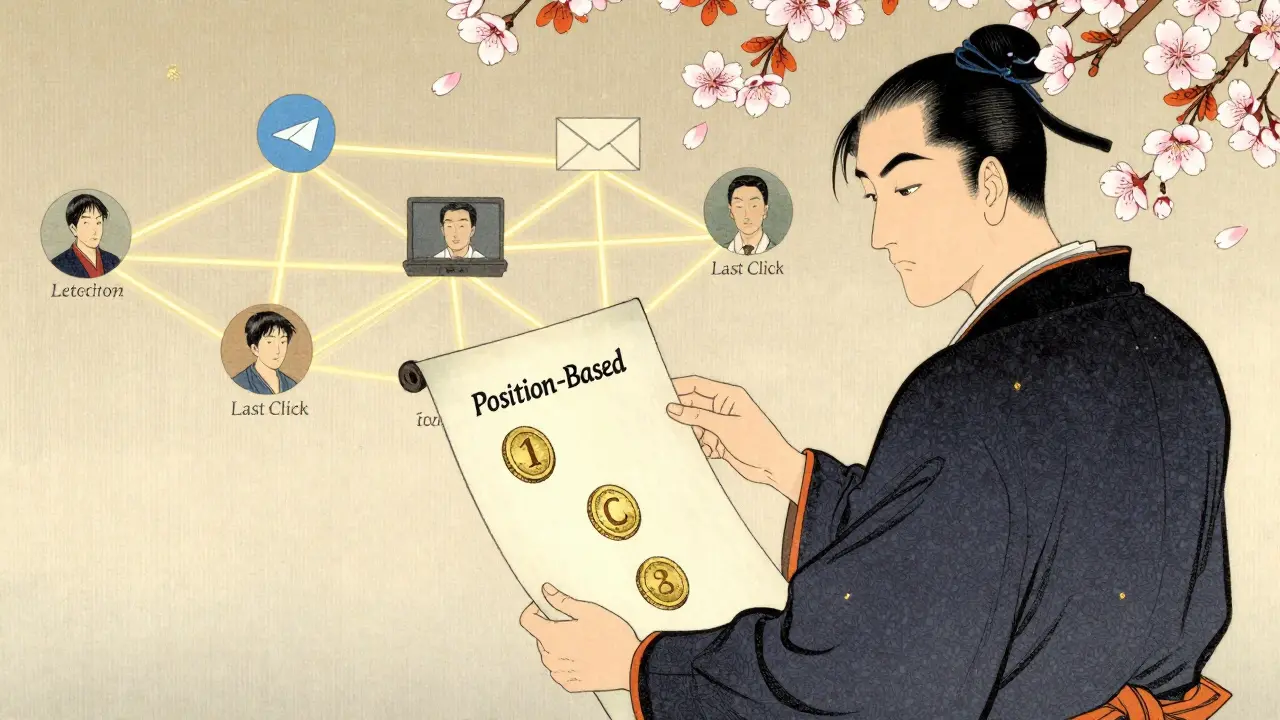 Купец сравнивает две модели атрибуции на свитках, вокруг — сеть взаимодействий клиентов.