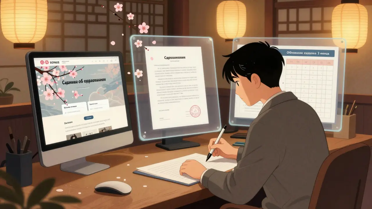 Методист организует электронные документы за деревянным столом, за ним — визуализация требований к онлайн-школе в стиле укиё-э.
