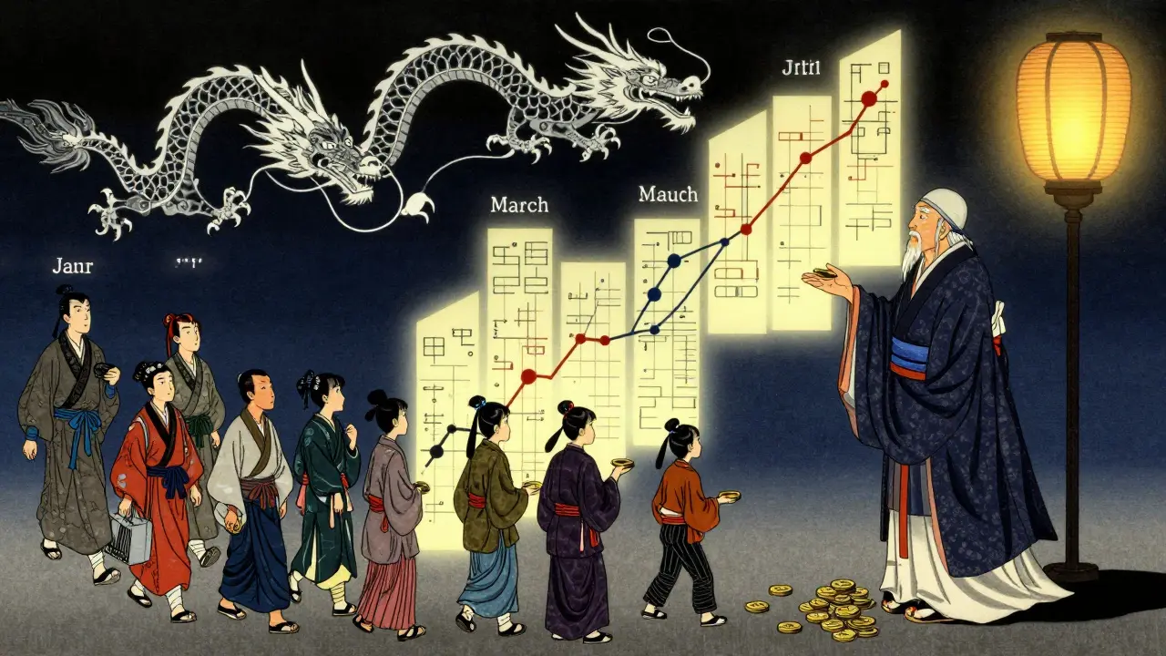 Мудрец анализирует когортный график под фонарём, студенты в традиционной одежде показывают поведение пользователей.