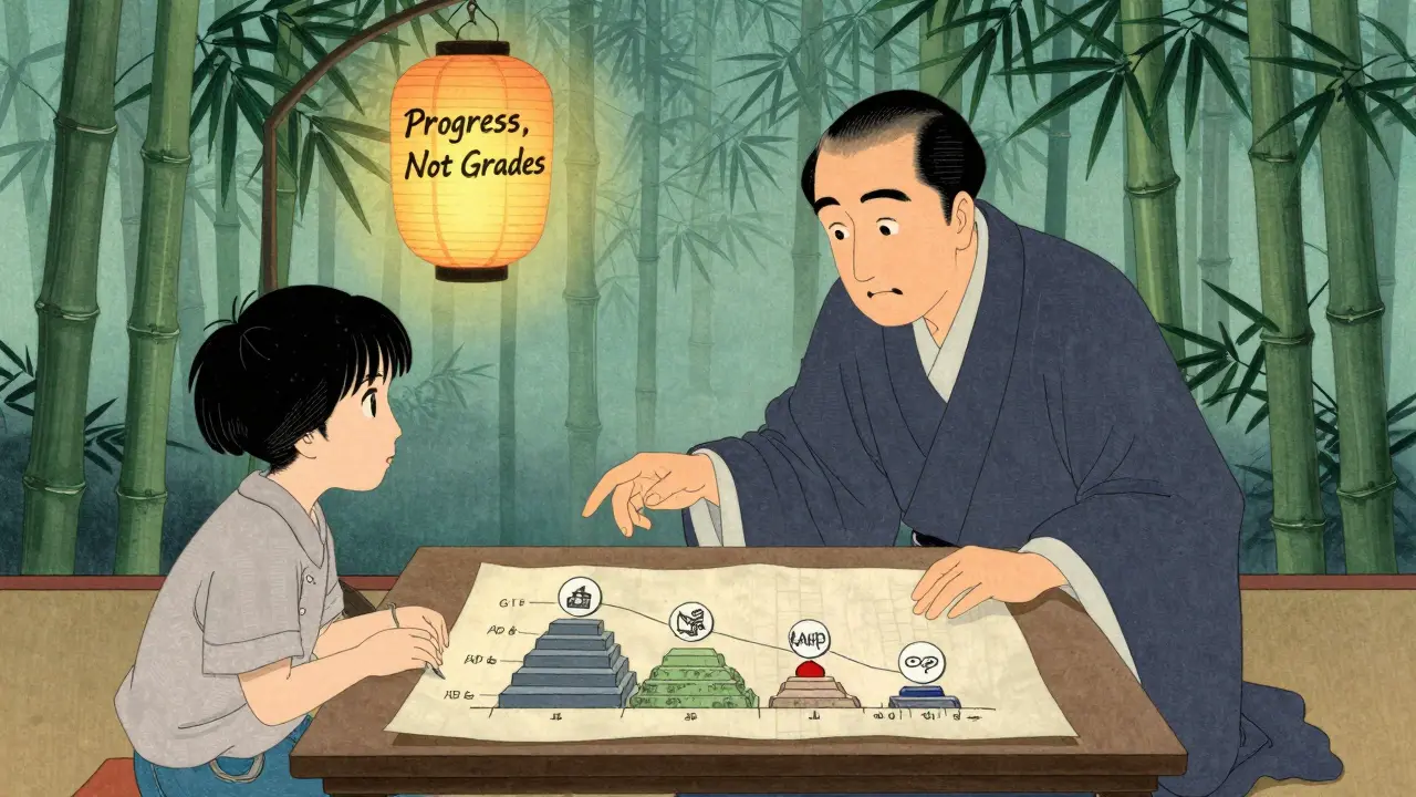 Наставник и ученик изучают карту компетенций на бумаге, за ними — бамбуковый лес и светящийся фонарь с намёком на развитие.