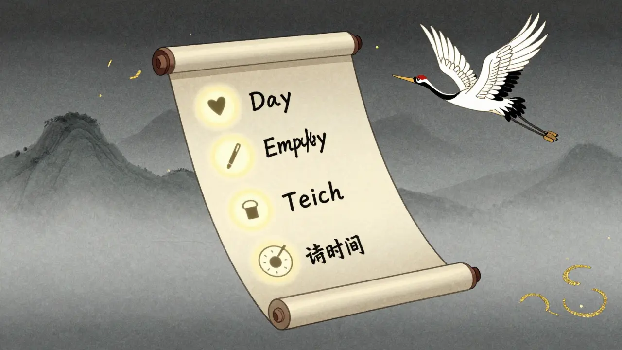 Плавающий чек-лист с компетенциями преподавателя, рядом — журавль, фон — туманные горы и золотые акценты.