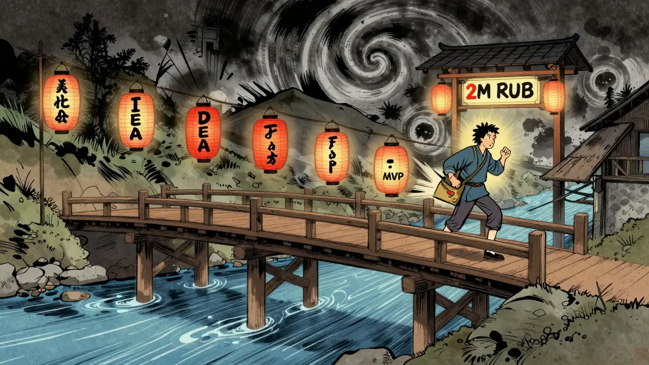 Путешественник пересекает мост из этапов запуска инфопродукта, ведущий к успеху.