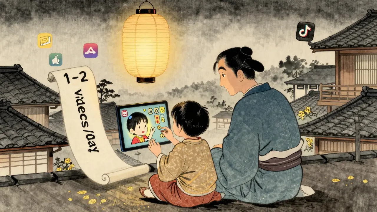 Родитель и ребёнок смотрят короткое видео по математике под бумажным фонариком, на фоне соцсетей в укиё-э стиле.