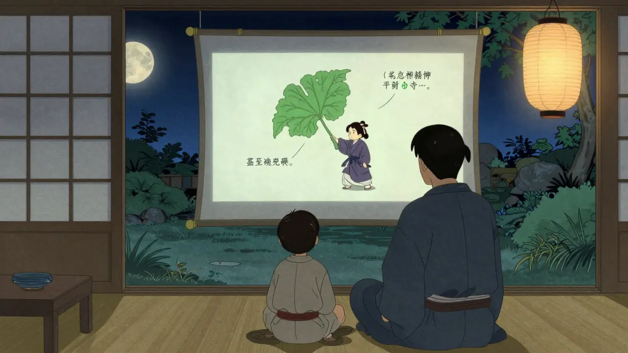 Родитель и ребёнок вместе смотрят обучающее видео под бумажным фонарём.