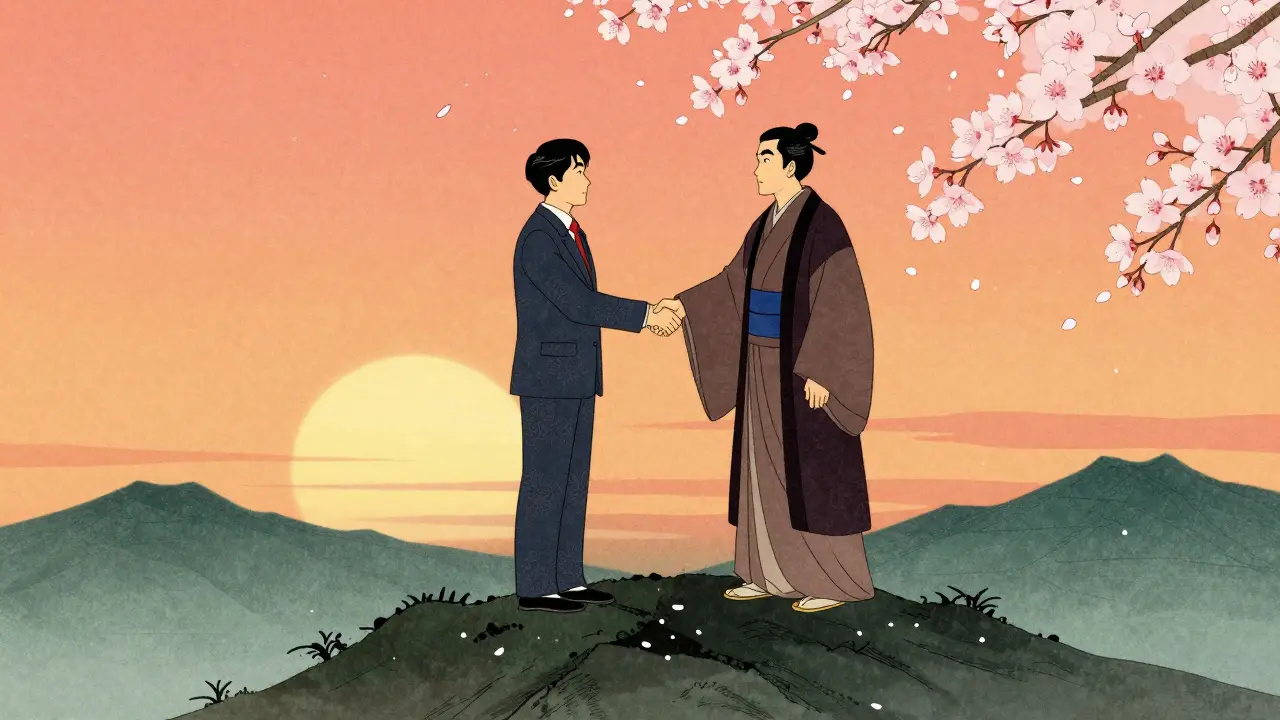 Рукопожатие партнеров на вершине горы с падающей сакурой.