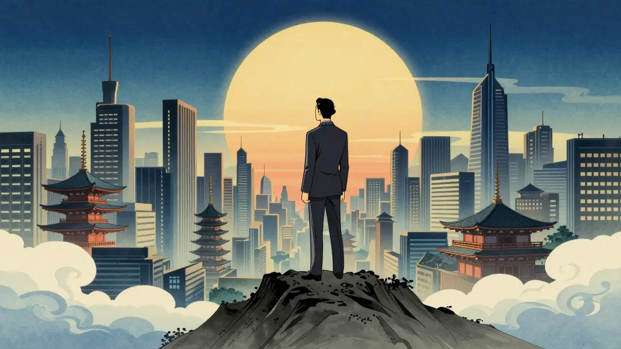 Руководитель стоит на вершине холма с видом на современный мегаполис