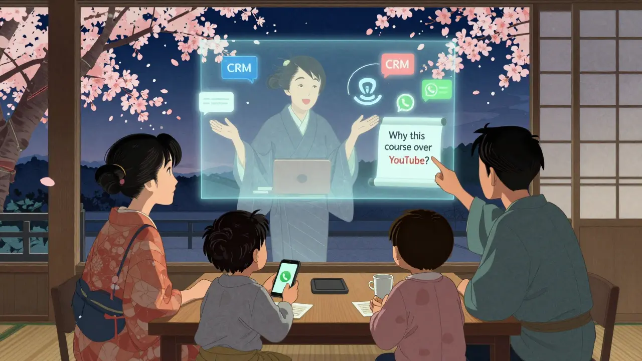 Семья наблюдает за онлайн-занятием, оператор в традиционном наряде объясняет выбор курса.