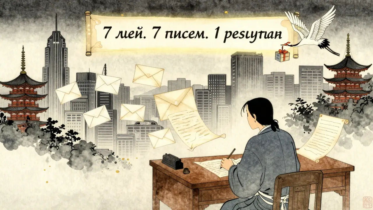 Создатель пишет письма, которые превращаются в конверты, над ним — город с небоскрёбами и пагодами, а журавль несёт подарок с надписью 'Платный курс'.