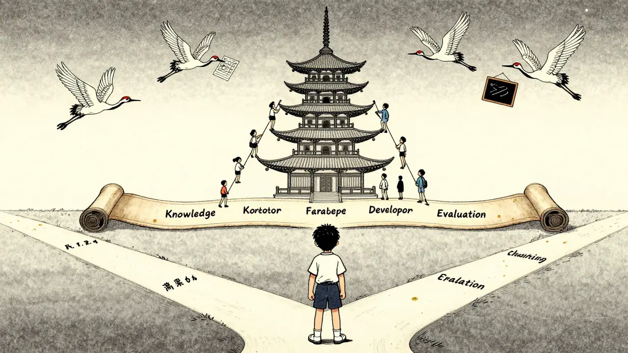 Студент стоит на развилке трёх карьерных путей, над ним — иерархия знаний в виде пагоды, а журавли несут инструменты обучения.