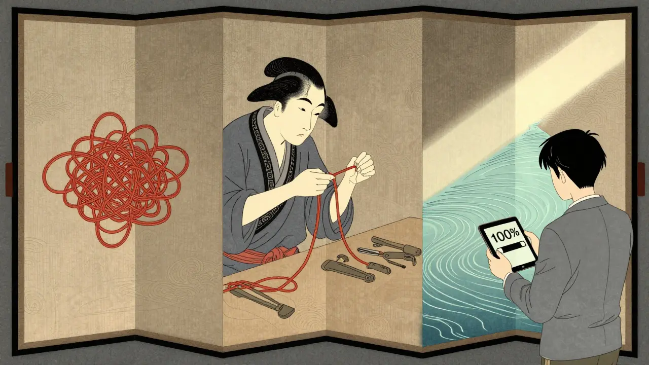 Три этапа урока изображены как распутывание нитей: запутанные, упорядоченные, чистые — в стиле укиё-э.