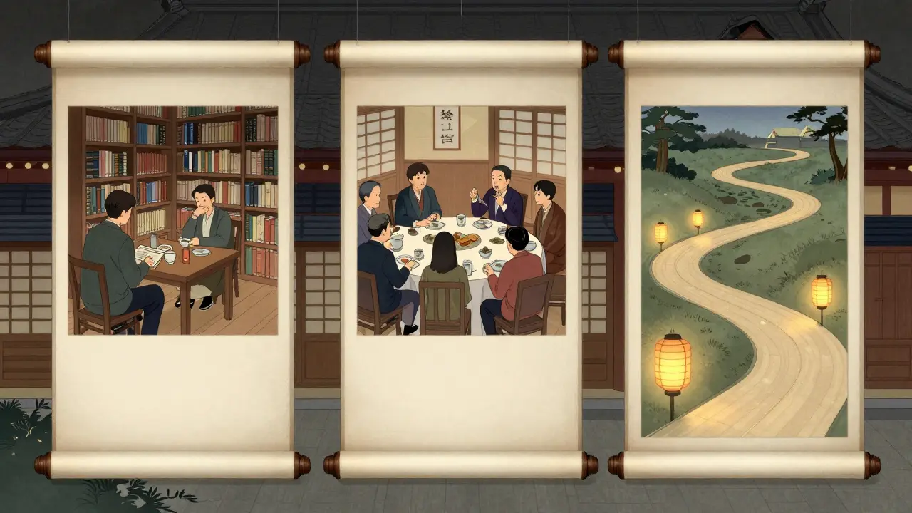 Три формата подписки: библиотека, клуб и пошаговый курс, изображены как древние свитки.