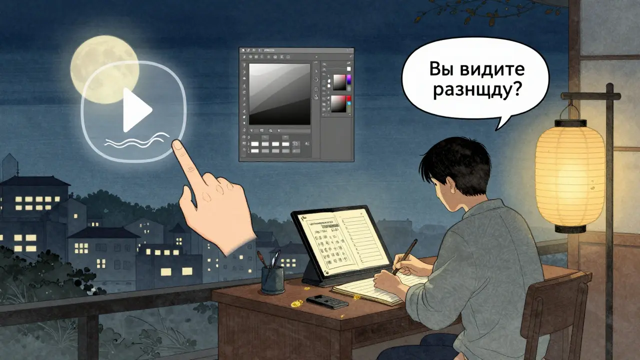 Ученик смотрит на завершённый урок под фонарём, вокруг — символы пауз, инструментов и призыва к действию в японском стиле.