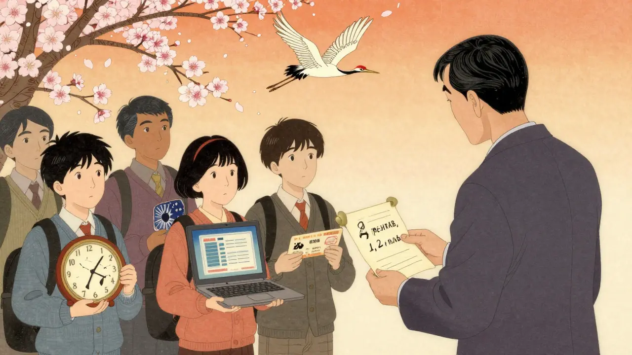 Учитель дарит ученикам свитки с их достижениями: зарплата, билеты, проекты — всё в стиле укиё-э.