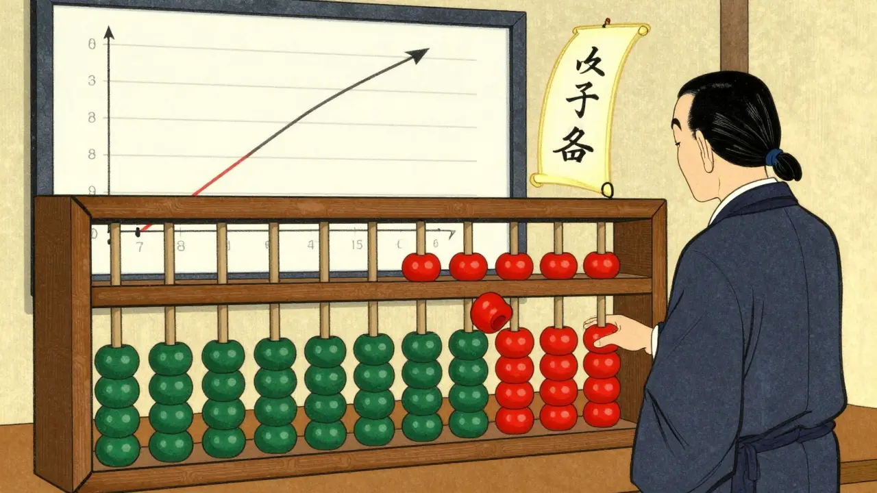 Учитель наблюдает за деревянным абакусом, где бусины показывают отток учеников из-за сложного первого задания.