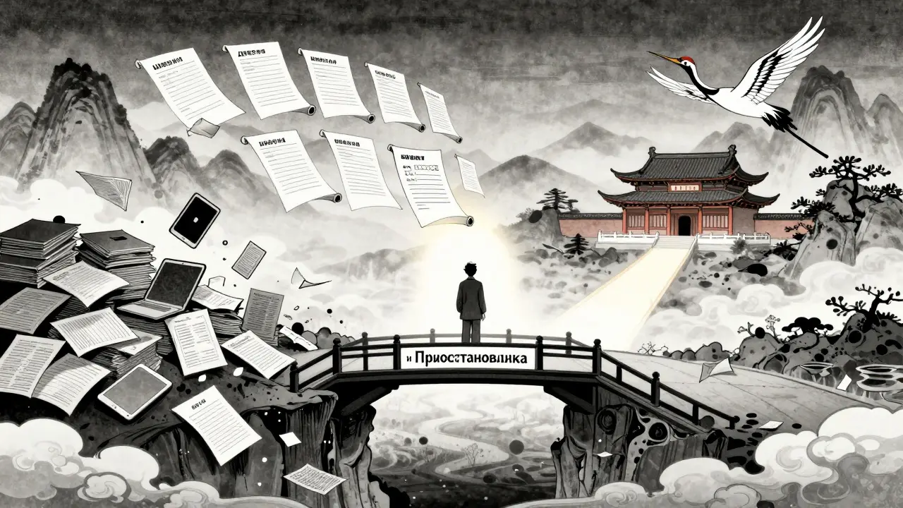 Владелец онлайн-школы стоит на мосту из документов, ведущем к доверию, в стиле укиё-э с символическим журавлем.