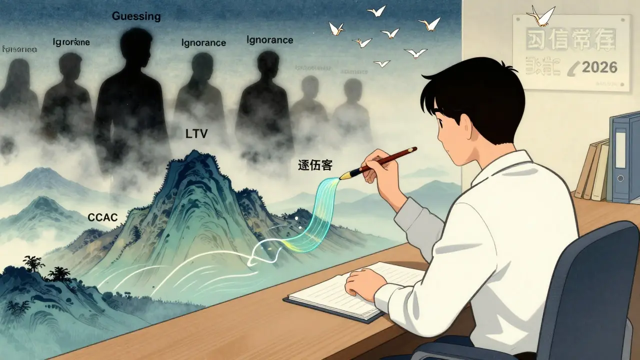 Владелец школы рисует данные кистью, метрики становятся горами, тени 'Предположений' исчезают в тумане.