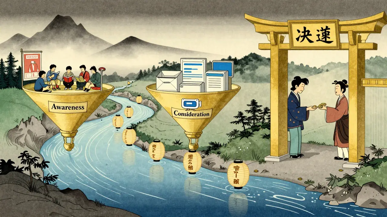 Воронка продаж как река с тремя этапами, оформленная в стиле укиё-э с бумажными фонариками.