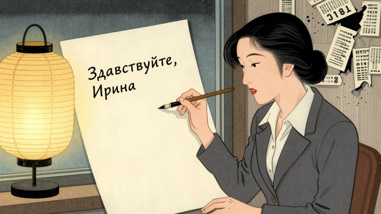 Женщина пишет персонализированное письмо 'Здравствуйте, Ирина', без ярких кнопок и эмодзи, в укиё-э стиле.