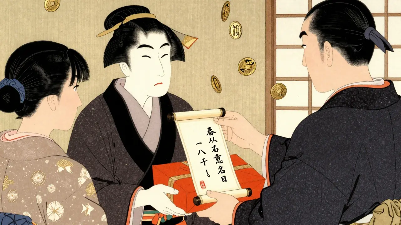 Японский торговец вручает персонализированный подарок клиенту в стиле укиё-э