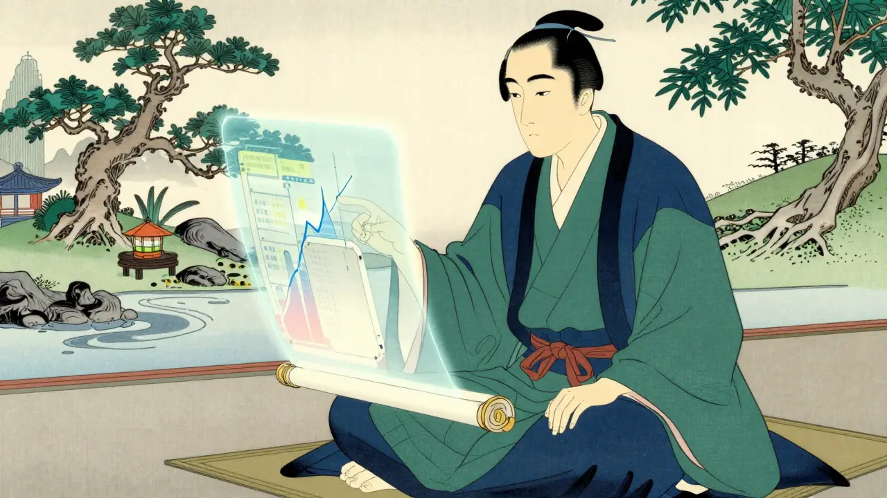 Японский ученый с голографическим свитком графиков в дзен-саду