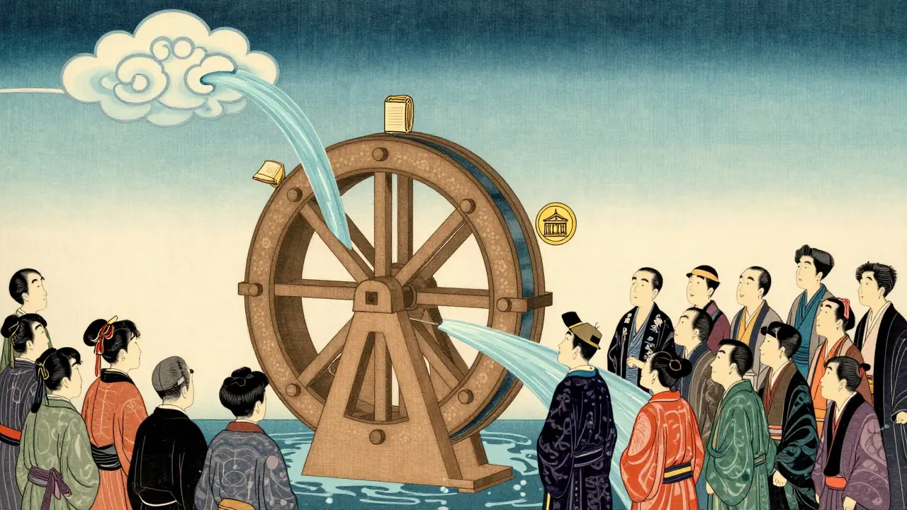 Автоворонка продаж, изображенная в виде традиционного японского водяного колеса.