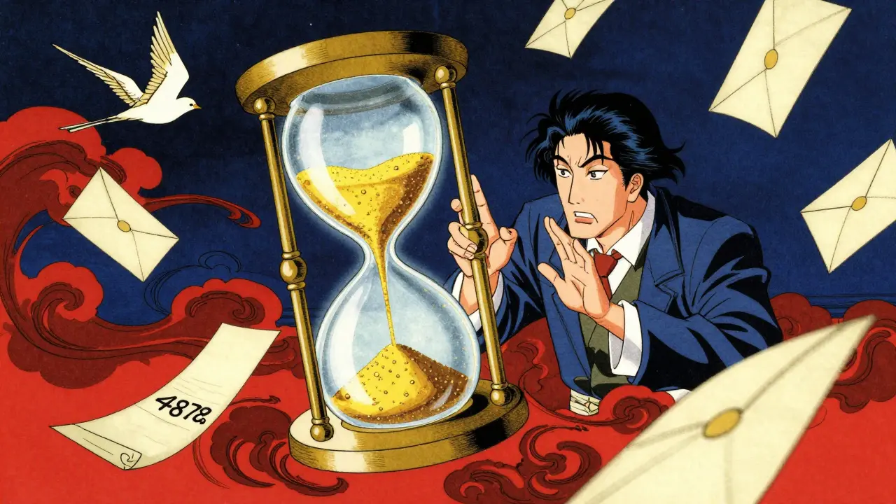 Динамичная иллюстрация в стиле укиё-э: песочные часы и письма, символизирующие ограниченное время предложения