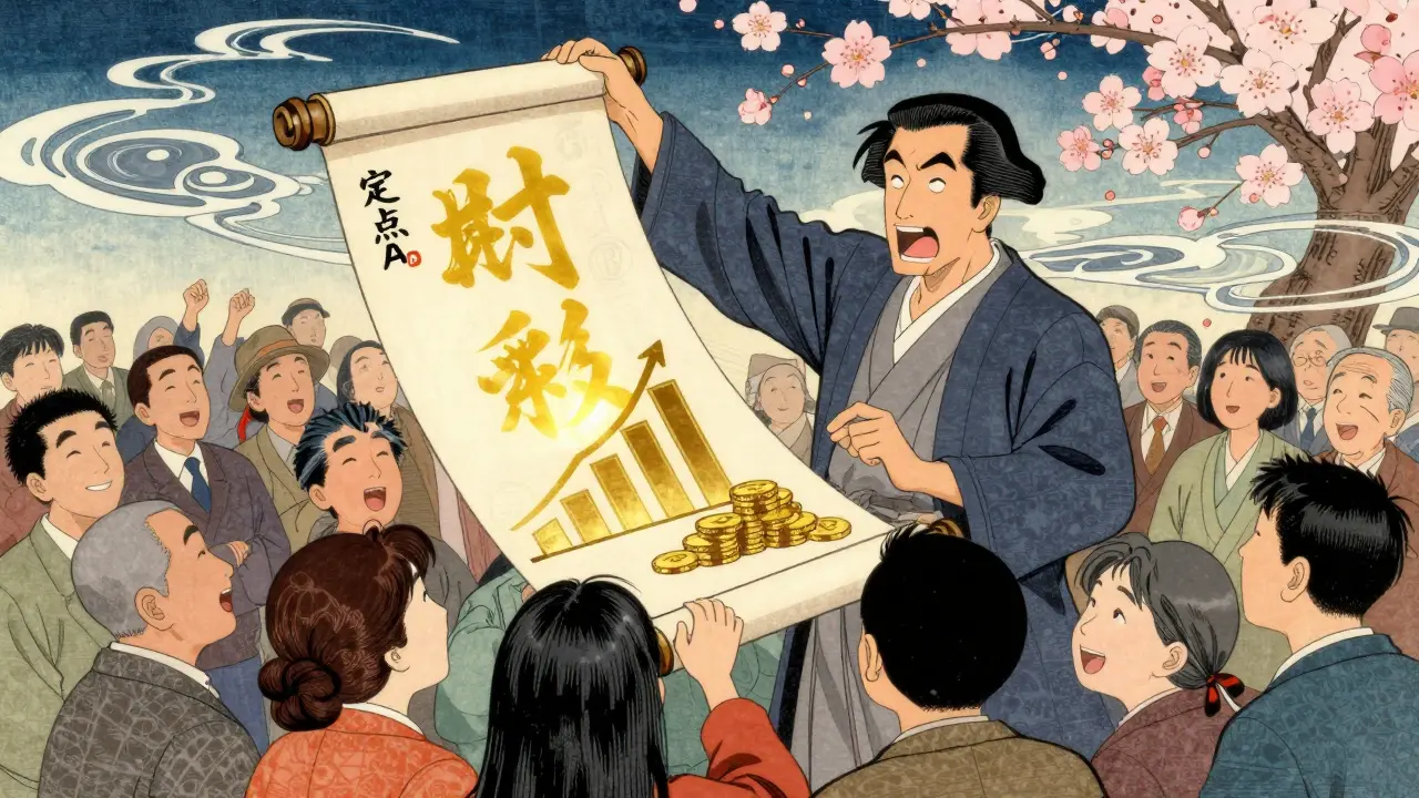 Эксперт демонстрирует успешные результаты клиентам на свитке в стиле укиё-э.