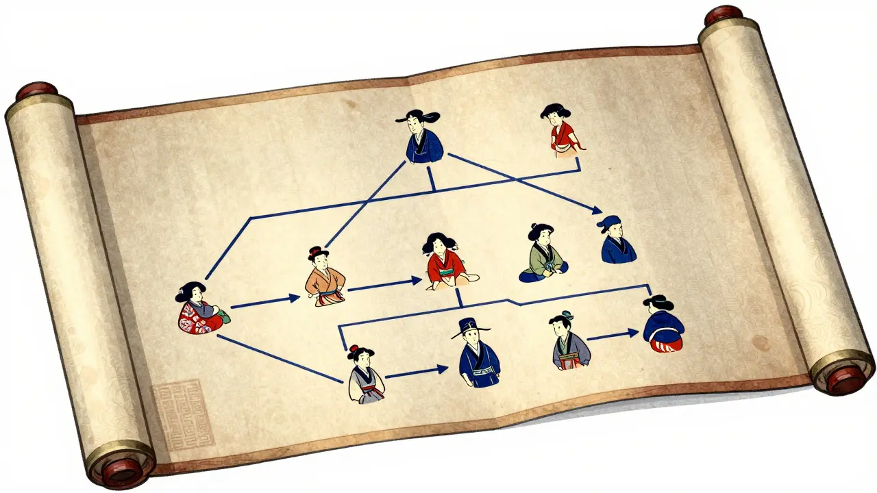 Иллюстрация логического ветвления в виде разворачивающегося японского свитка