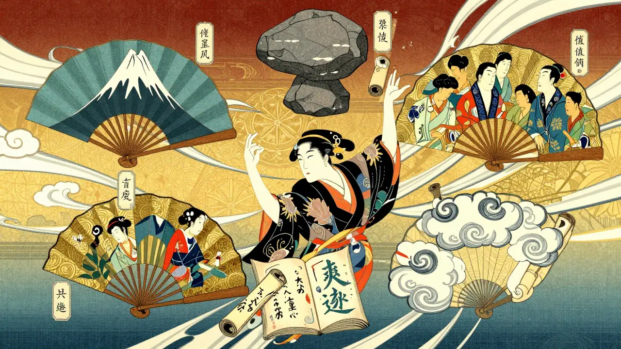 Иллюстрация процесса распаковки личности с использованием японских вееров