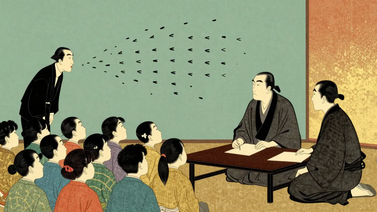 Мастер и ученик в стиле укиё-э, символизирующие разницу между массовым курсом и личным наставничеством.