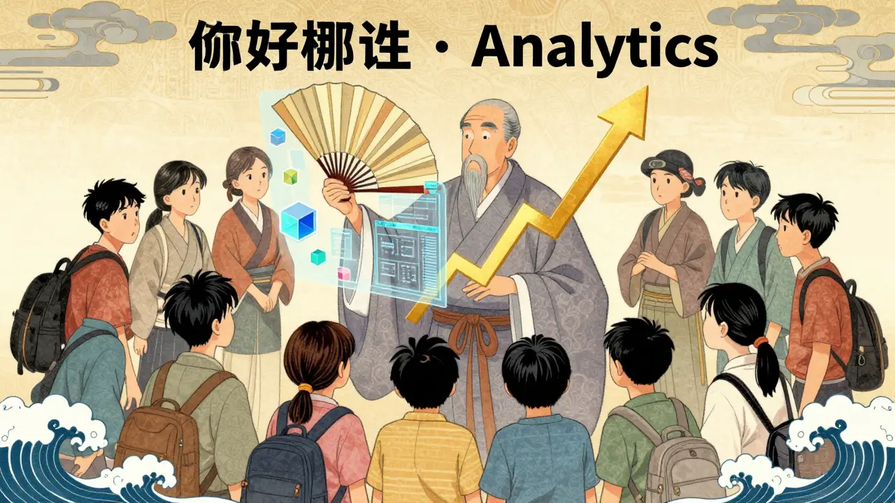 Мудрец с веером-дашбордом анализирует активность и рост сообщества в стиле укиё-э.