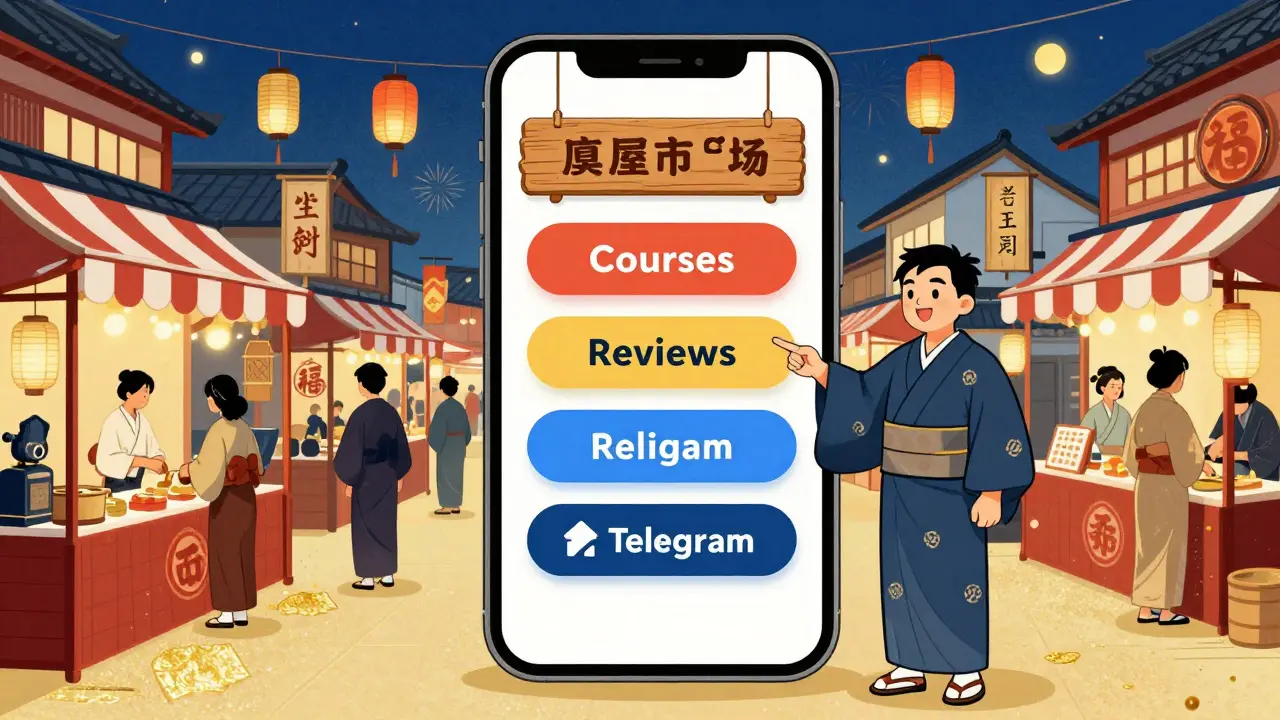 Организованная витрина с кнопками курсов в виде традиционного японского рынка