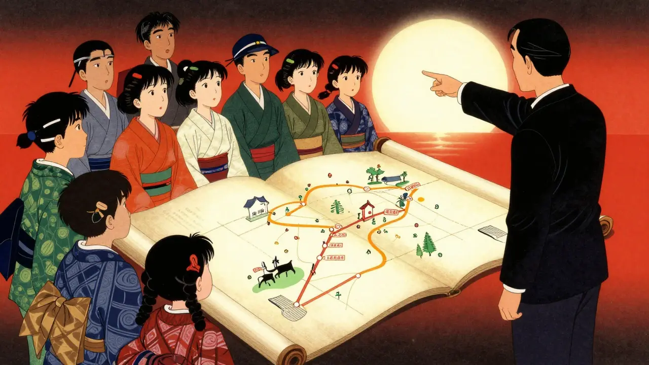 Преподаватель и ученики изучают карту успеха в стиле японской гравюры