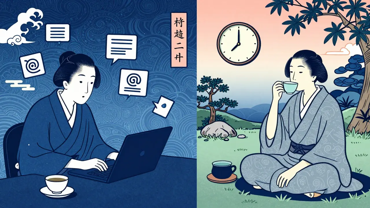 Разделение работы и личного времени в стиле укиё-э с чаепитием в саду