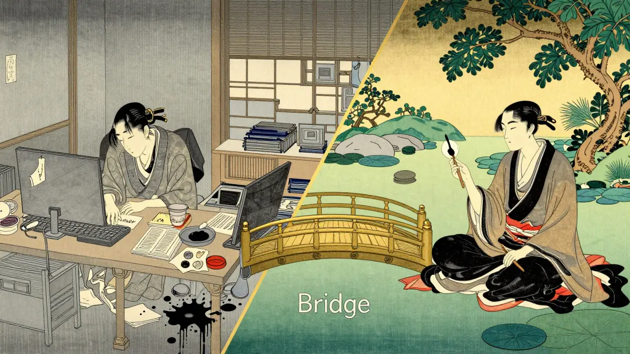 Рисунок в стиле укиё-э, показывающий переход от хаоса к успеху через золотой мост.