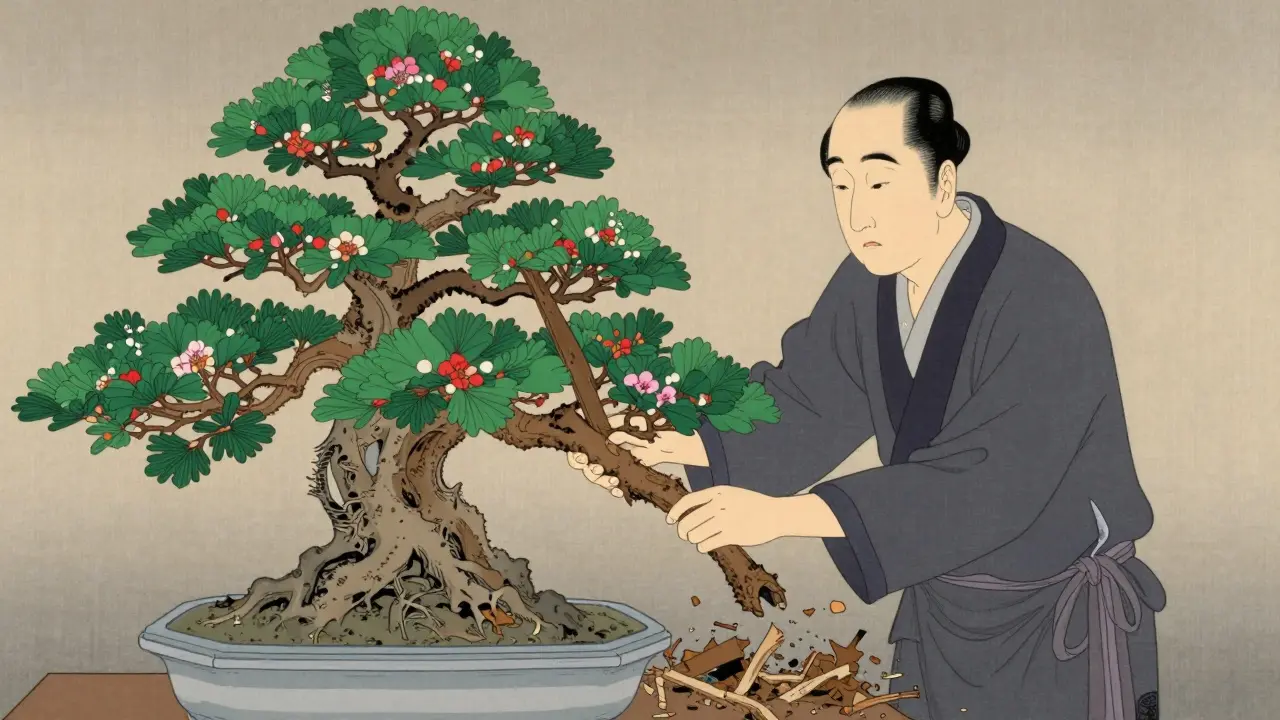 Садовник, обрезающий сухие ветви бонсай, как метафора очистки ассортимента курсов от нерентабельных.