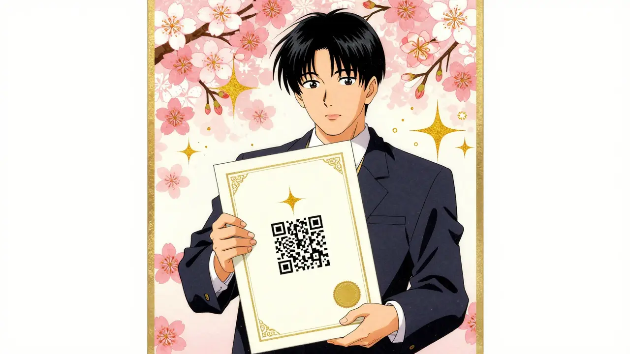 Счастливый студент с красивым современным дипломом в окружении цветущей сакуры