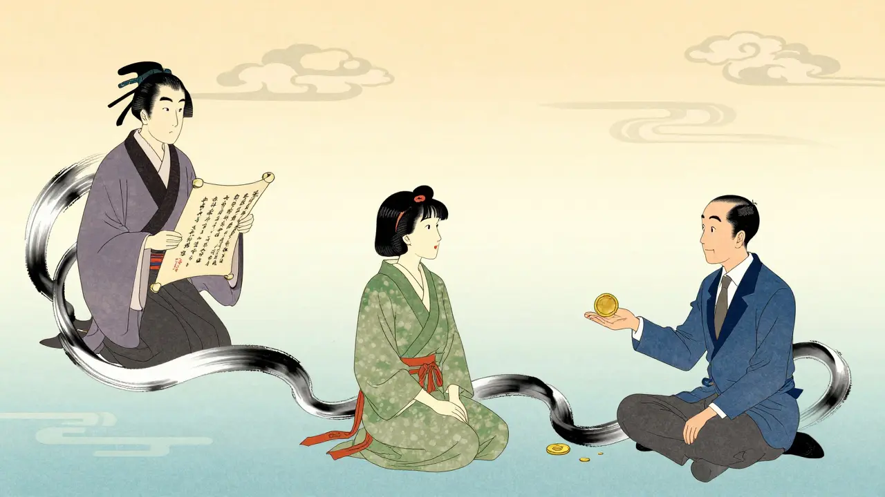 Схематичная иллюстрация в стиле укиё-э, изображающая цикл доверия и экспертности.