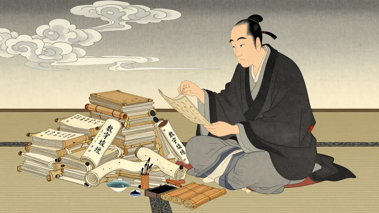 Схоласт в стиле укиё-э сортирует свитки, проводя аудит контента курса.