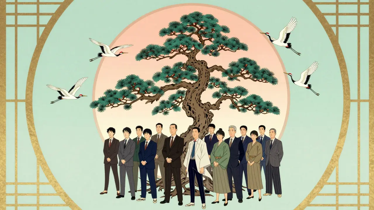 Символическое изображение гибридной команды в виде сосны и журавлей в стиле укиё-э