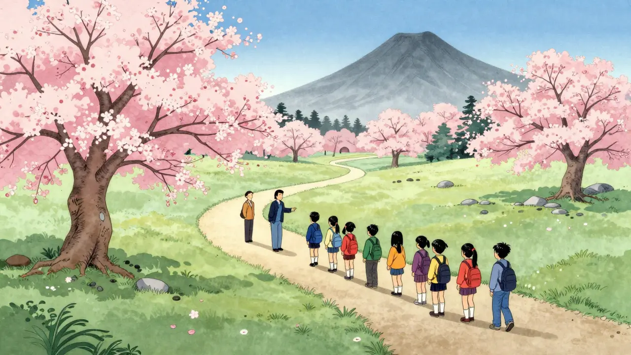 Спокойный пейзаж в стиле укиё-э с путем в саду, символизирующий долгосрочную воронку прогрева