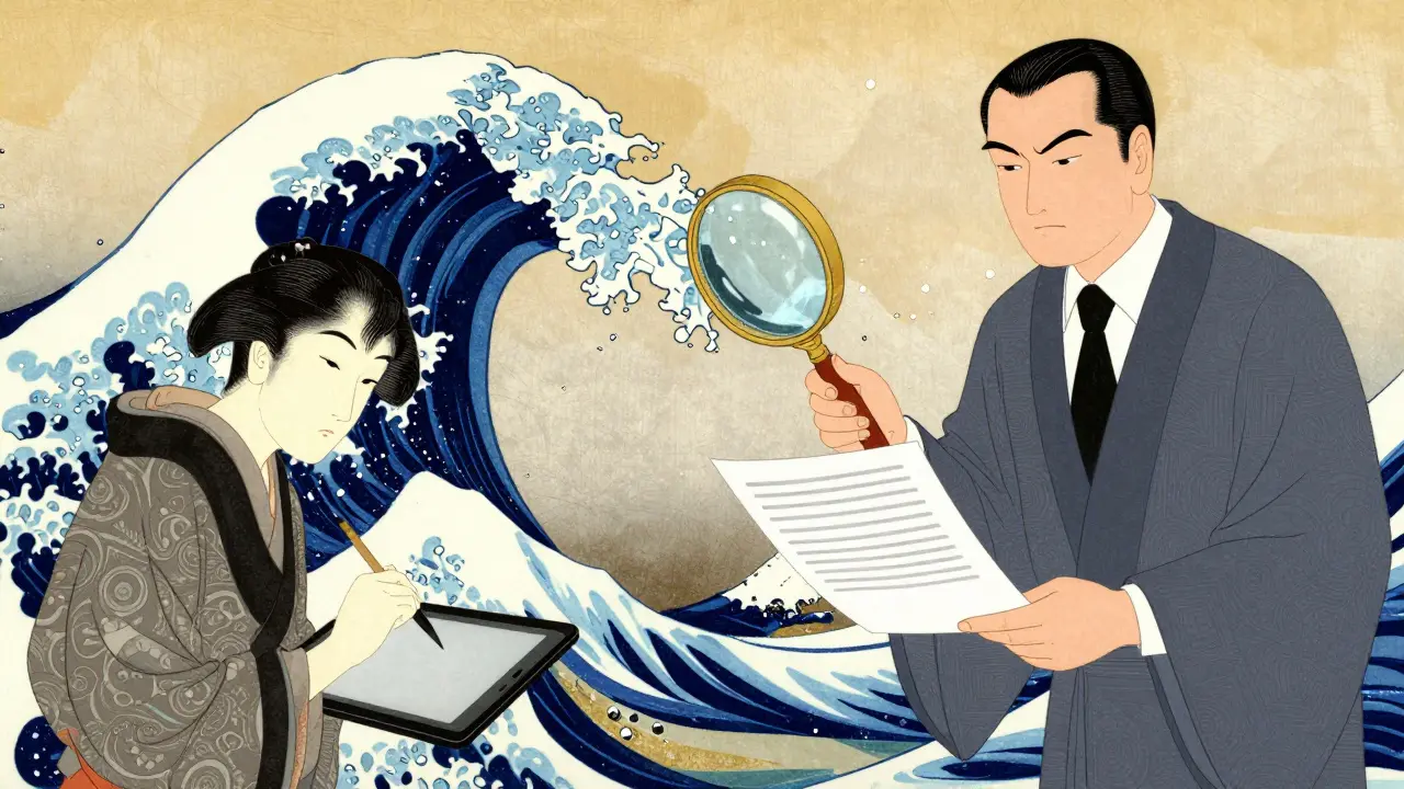 Спор фрилансера и чиновника над контрактом на фоне стилизованной волны в стиле укиё-э