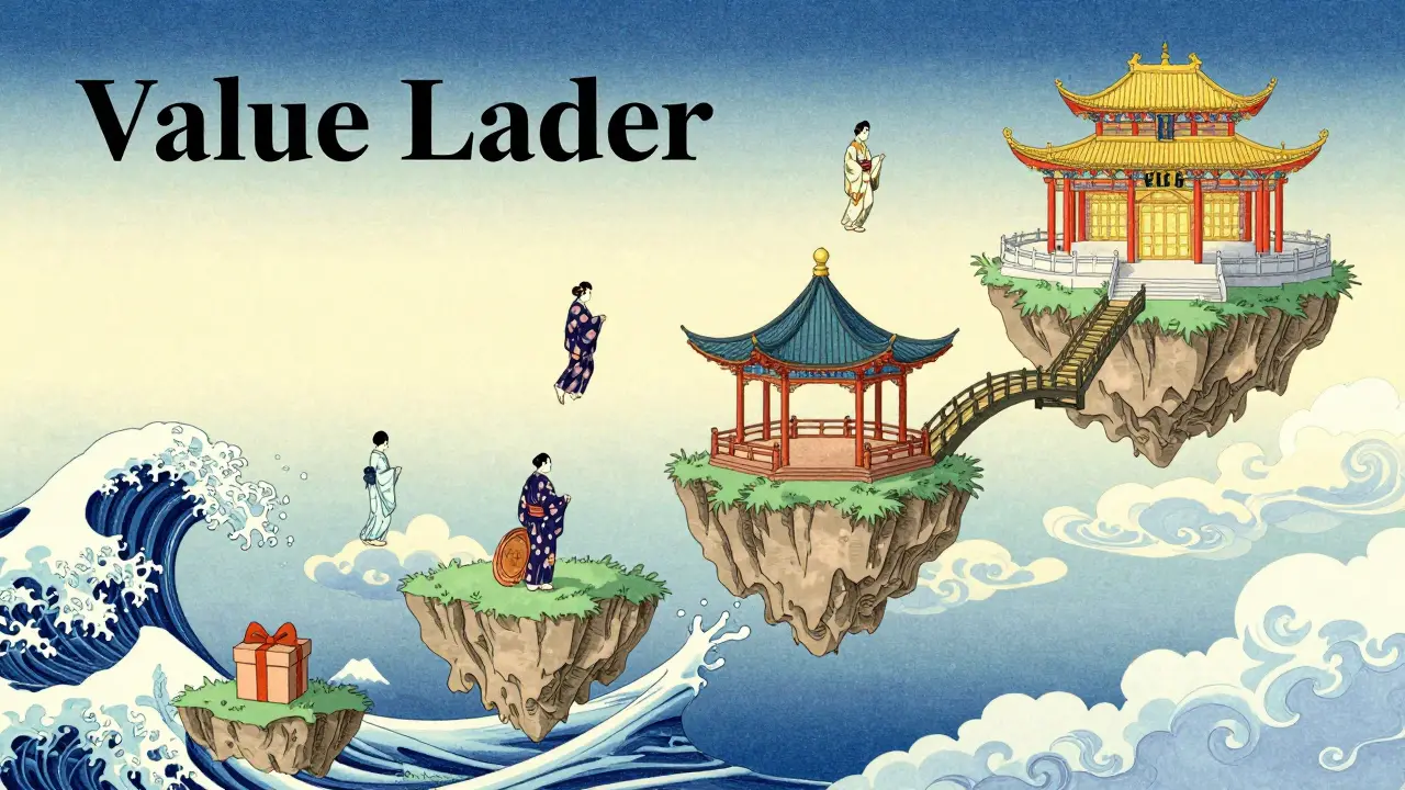 Стилизованная лестница продуктов от бесплатного гайда до VIP-наставничества в японском стиле.