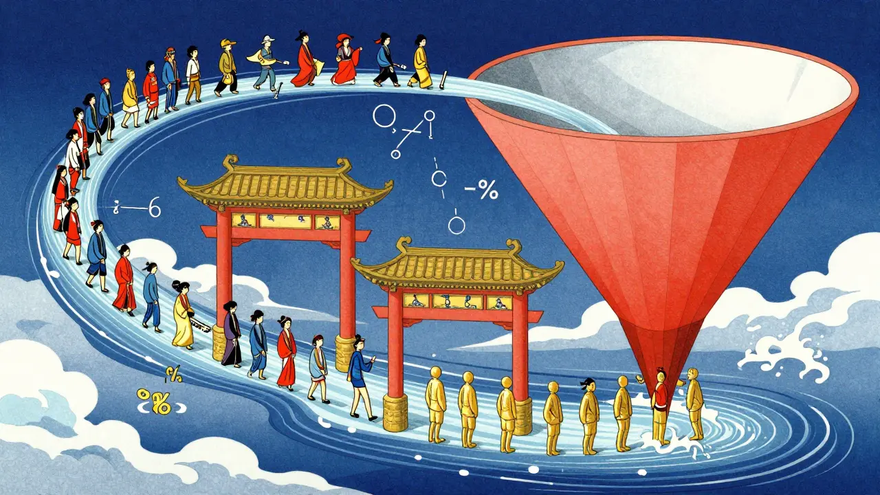 Стилизованная воронка продаж в виде реки с японскими вратами и символами процентов